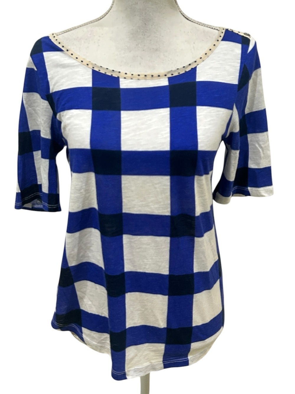 Anthropologie postmark Blue & White Check Scoop Neck Tee top size medium